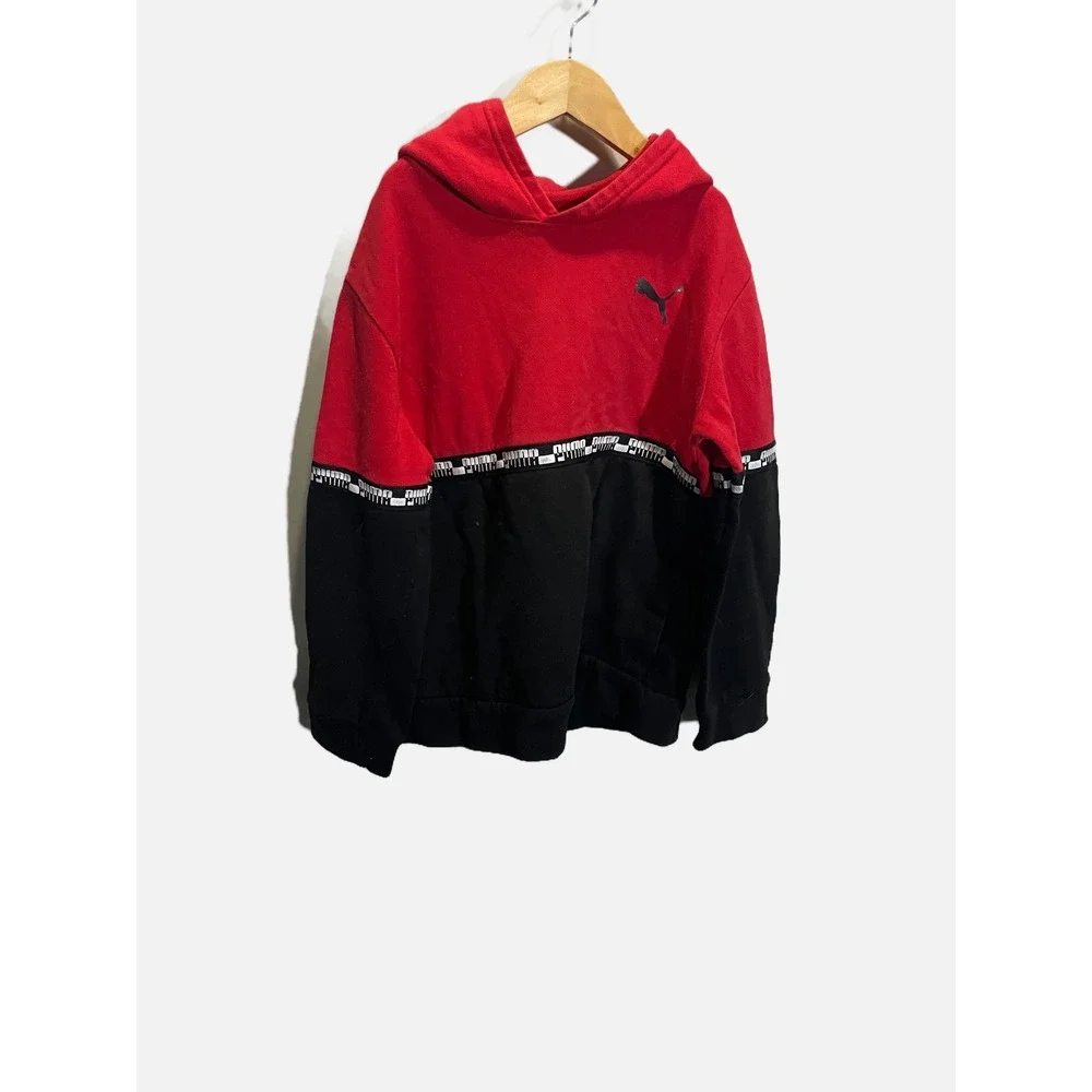 Puma Hoodie Kids Large 14-16 Red Black Colorblock Logo Tape Sporty Pullover